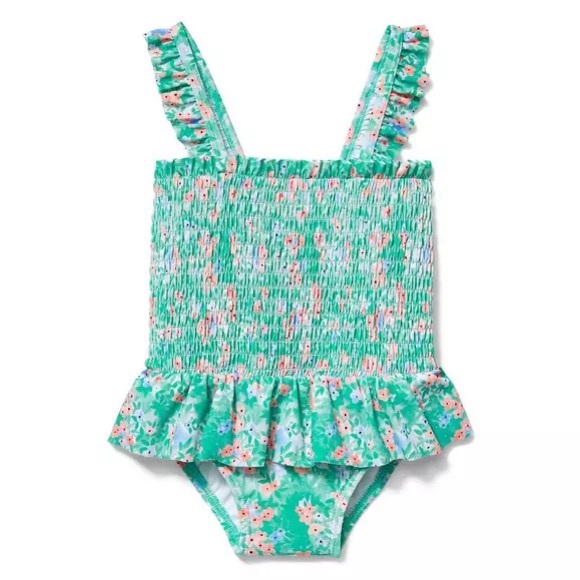 Janie and Jack Other - Janie and Jack Ditsy Floral Smocked One Piece Swimsuit Baby Girls 12-18 mos Blue